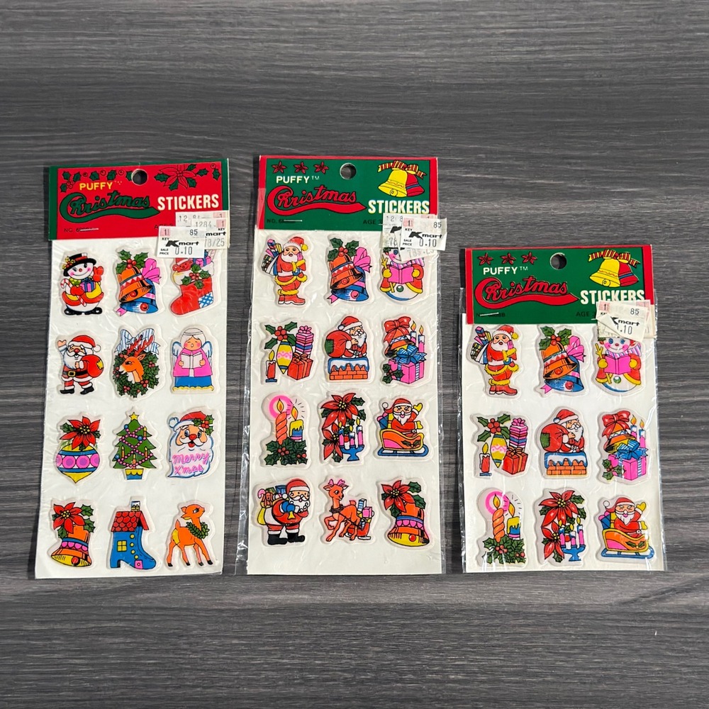 Vintage Puffy Christmas Stickers Lot of 3 Sheets Kmart 1980 Imperial Toy Corp